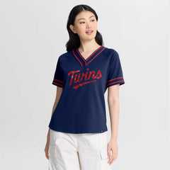 Minnesota Twins Fanatics Women's Diva Race Ahead Raglan V-Neck T-Shirt - Navy T-shirts