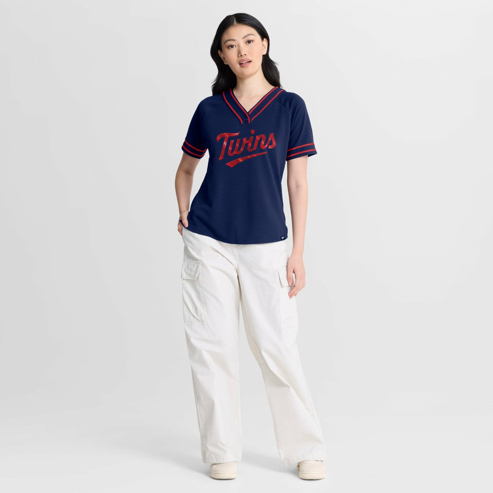 Minnesota Twins Fanatics Women's Diva Race Ahead Raglan V-Neck T-Shirt - Navy T-shirts