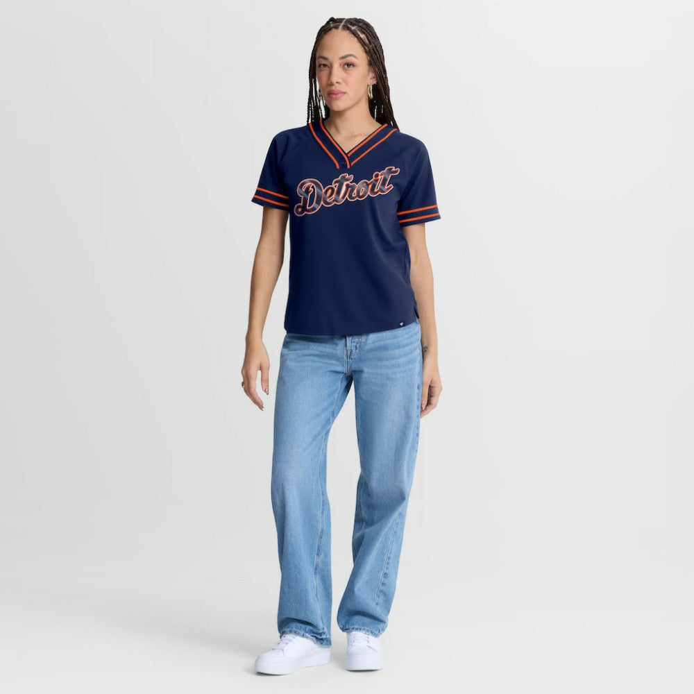 Detroit Tigers Fanatics Women's Diva Race Ahead Raglan V-Neck T-Shirt - Navy T-shirts