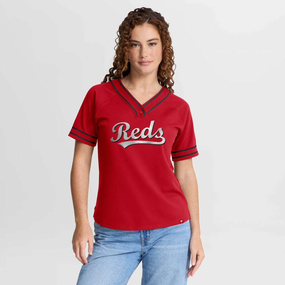 Cincinnati Reds Fanatics Women's Diva Race Ahead Raglan V-Neck T-Shirt - Red T-shirts