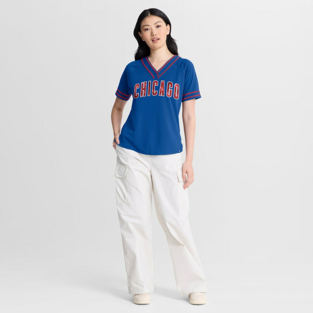 Chicago Cubs Fanatics Women's Diva Race Ahead Raglan V-Neck T-Shirt - Royal T-shirts
