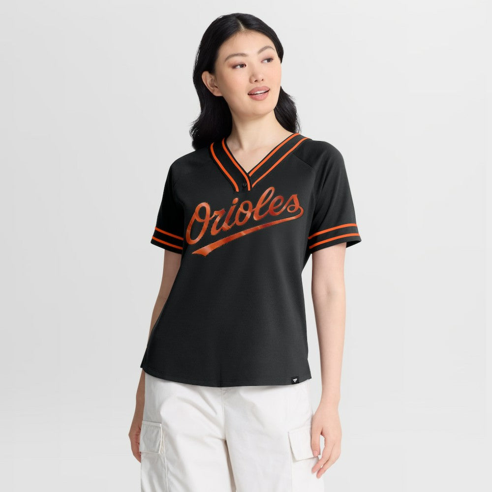 Baltimore Orioles Fanatics Women's Diva Race Ahead Raglan V-Neck T-Shirt - Black T-shirts
