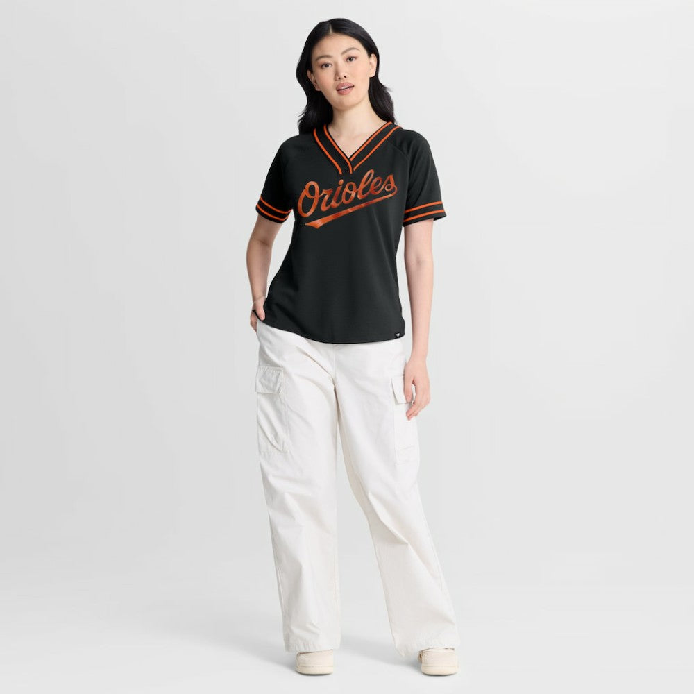 Baltimore Orioles Fanatics Women's Diva Race Ahead Raglan V-Neck T-Shirt - Black T-shirts