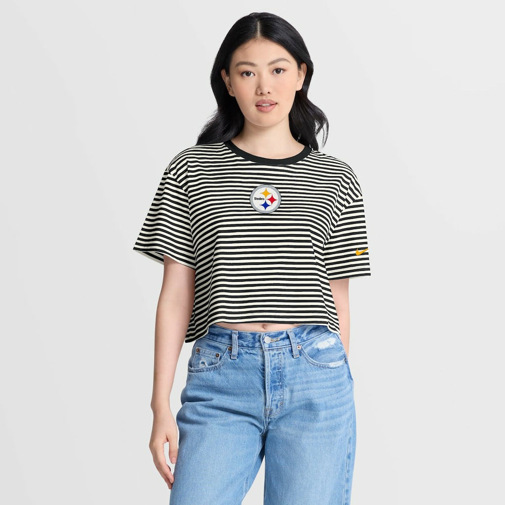Pittsburgh Steelers Women's Striped Cropped T-Shirt - Black/Cream T-shirts