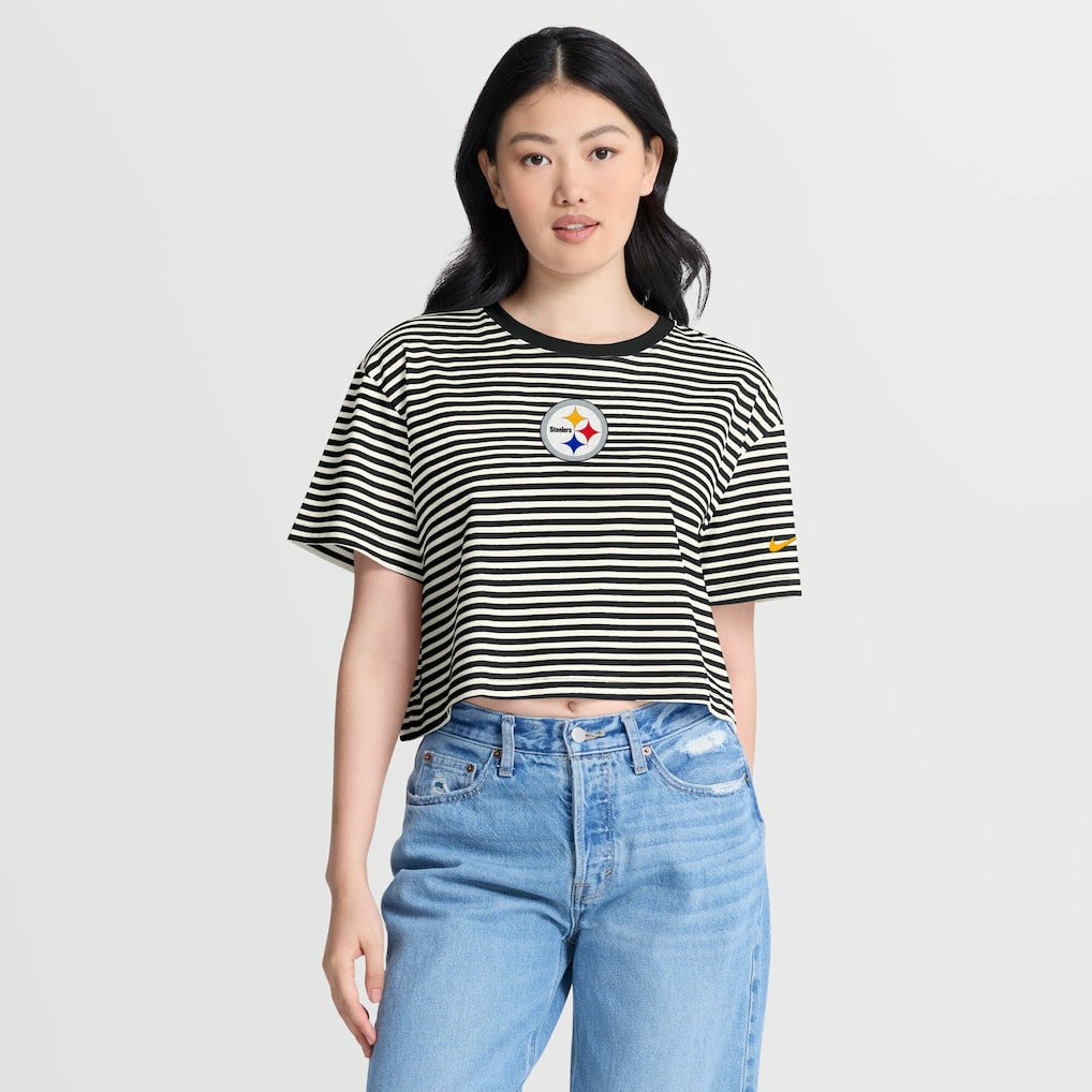 Pittsburgh Steelers Women's Striped Cropped T-Shirt - Black/Cream T-shirts