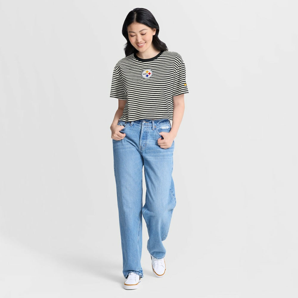 Pittsburgh Steelers Women's Striped Cropped T-Shirt - Black/Cream T-shirts