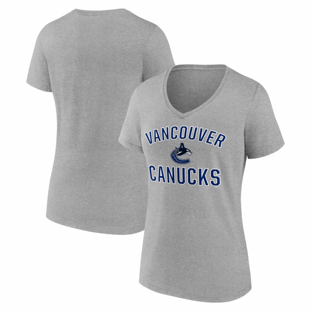Vancouver Canucks Logo Athletic Women's Arch Victory V-Neck T-Shirt - Heather Gray | US 2001552667
