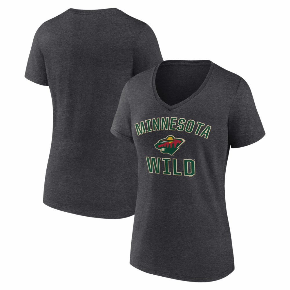 Minnesota Wild Logo Athletic Women's Arch Victory V-Neck T-Shirt - Heather Charcoal | US 2001552682