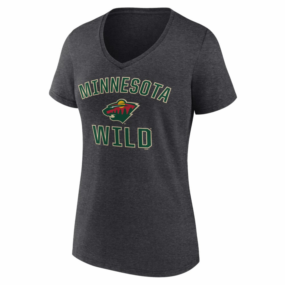 Minnesota Wild Logo Athletic Women's Arch Victory V-Neck T-Shirt - Heather Charcoal | US 2001552682