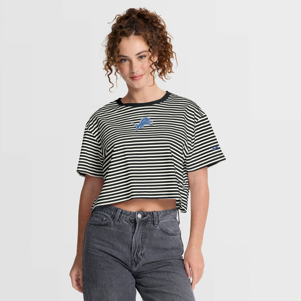Detroit Lions Women's Striped Cropped T-Shirt - Black/Cream T-shirts