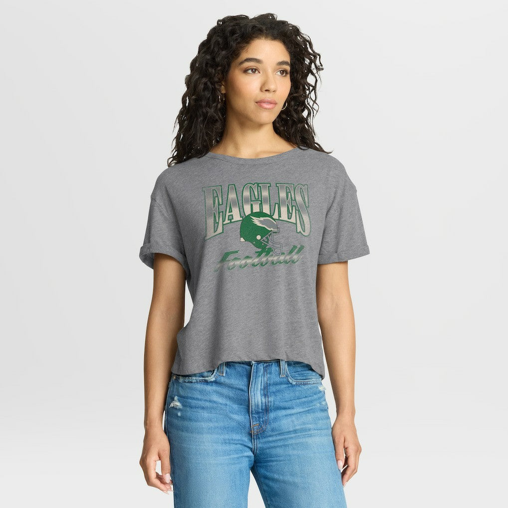 Philadelphia Eagles Women's Overplayed Tribute Tri-Blend Boxy T-Shirt - Heather Gray T-shirts