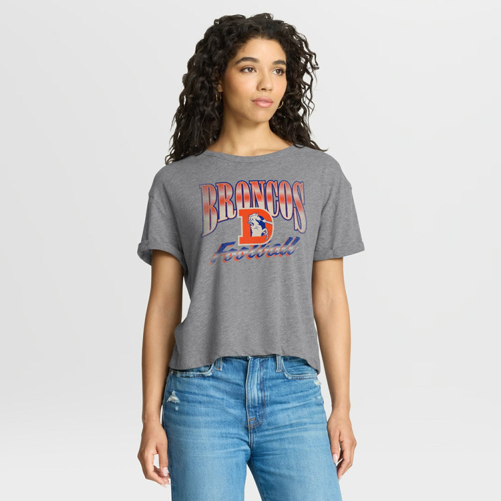 Denver Broncos Women's Overplayed Tribute Tri-Blend Boxy T-Shirt - Heather Gray T-shirts
