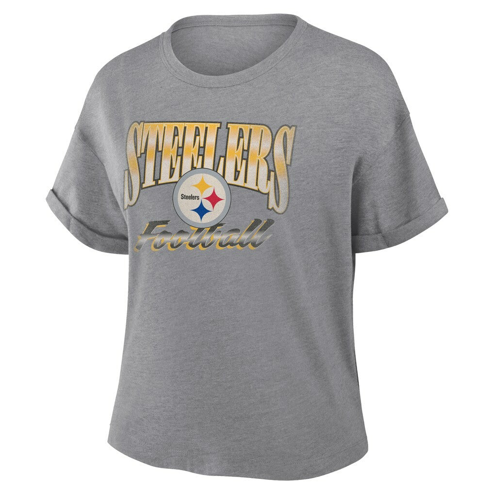 Pittsburgh Steelers Women's Overplayed Tribute Tri-Blend Boxy T-Shirt - Heather Gray T-shirts