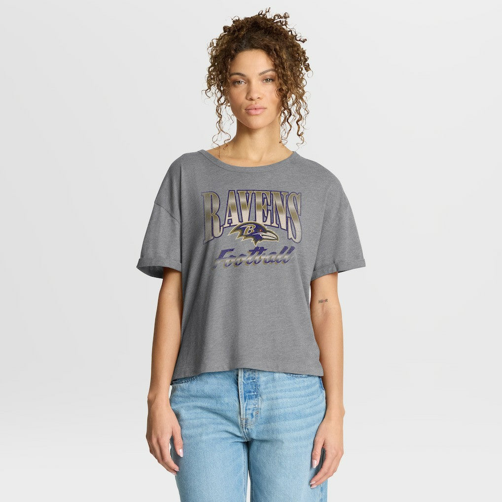 Baltimore Ravens Women's Overplayed Tribute Tri-Blend Boxy T-Shirt - Heather Gray T-shirts