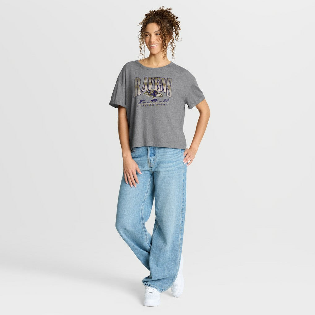 Baltimore Ravens Women's Overplayed Tribute Tri-Blend Boxy T-Shirt - Heather Gray T-shirts