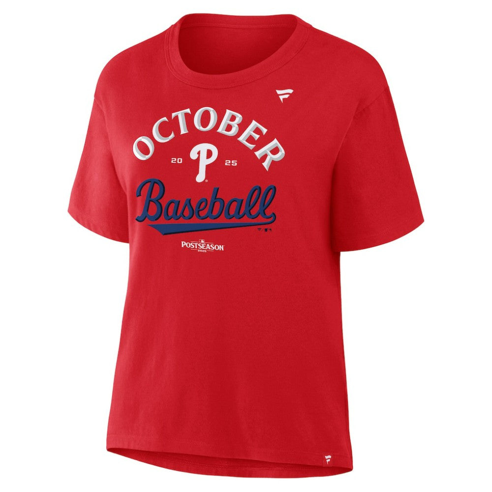 Philadelphia Phillies  Women's Fanatics 2025 MLB Postseason Locker Room T-Shirt - Red T-shirts