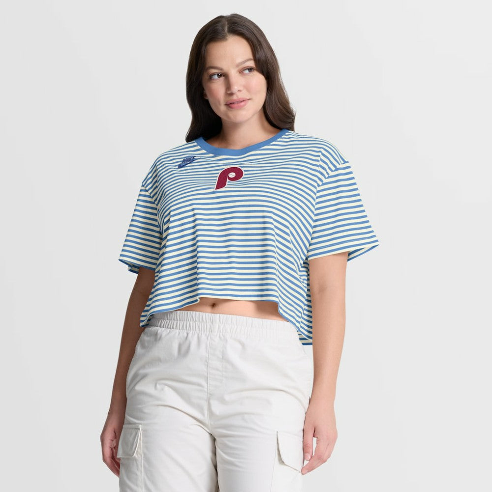 Philadelphia Phillies Nike Women's Cooperstown Collection Striped Cropped T-Shirt - Light Blue/Cream T-shirts
