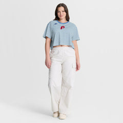 Philadelphia Phillies Nike Women's Cooperstown Collection Striped Cropped T-Shirt - Light Blue/Cream T-shirts