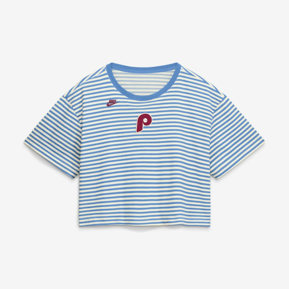 Philadelphia Phillies Nike Women's Cooperstown Collection Striped Cropped T-Shirt - Light Blue/Cream T-shirts