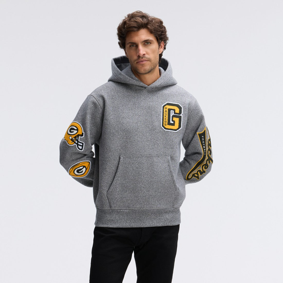 Green Bay Packers IconicFleece Letterman Hoodie - Athletic Heather Gray Hoodies