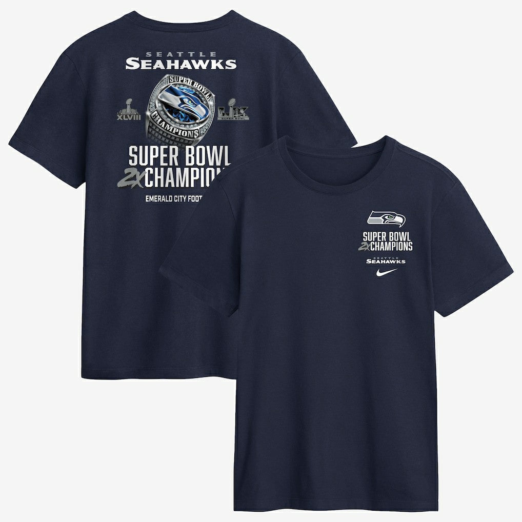 Seattle Seahawks Two-Time Super Bowl Champions Downtown Ring Club T-Shirt - College Navy T-shirts