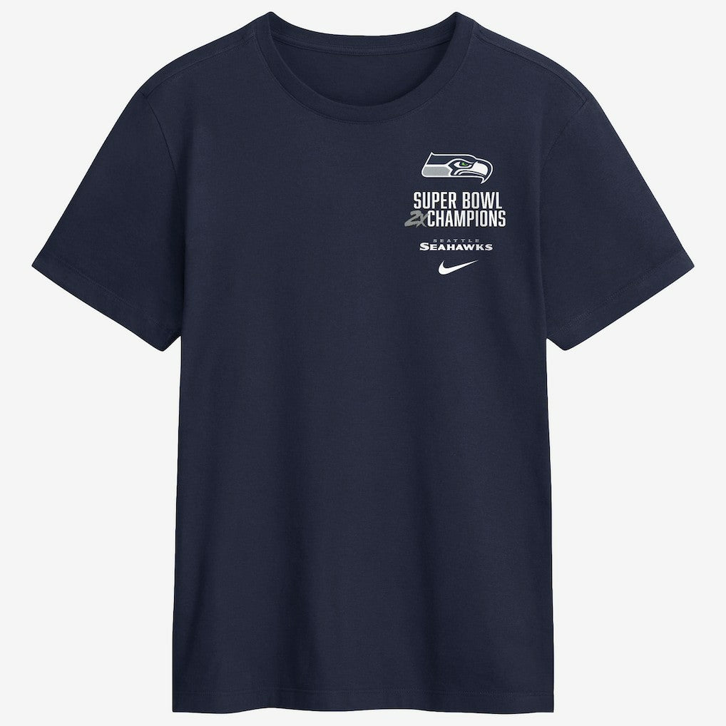 Seattle Seahawks Two-Time Super Bowl Champions Downtown Ring Club T-Shirt - College Navy T-shirts