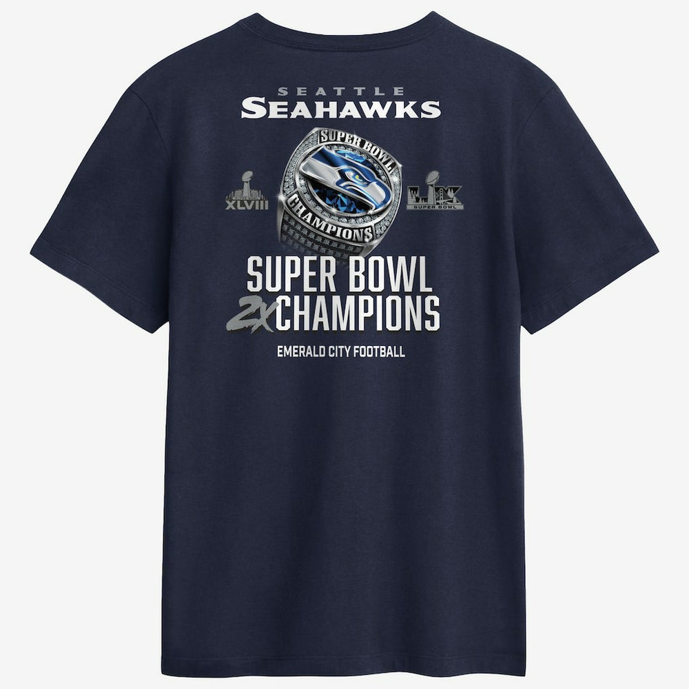 Seattle Seahawks Two-Time Super Bowl Champions Downtown Ring Club T-Shirt - College Navy T-shirts