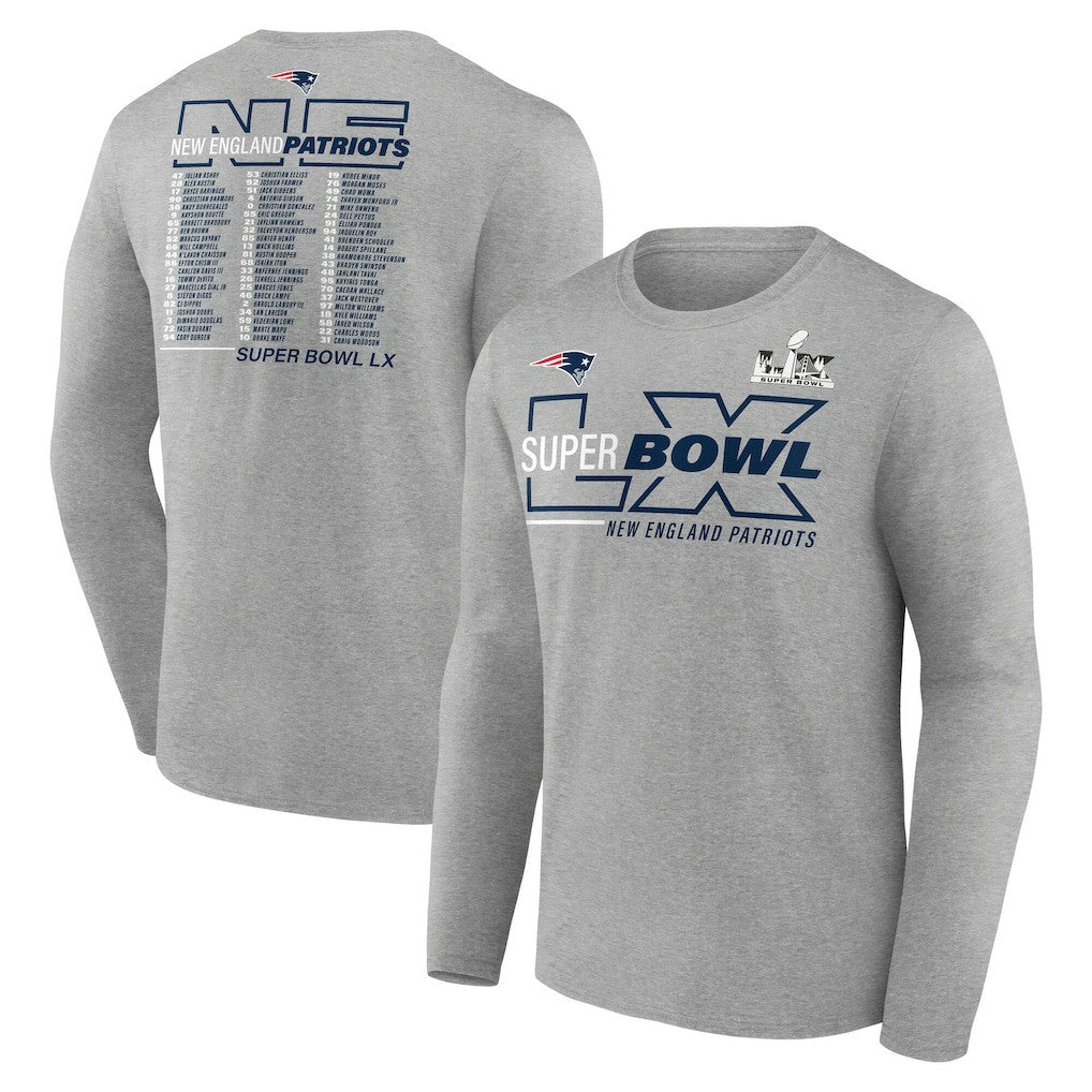 New England Patriots Super Bowl LX Roster Long Sleeve T-Shirt - Heather Gray T-shirts
