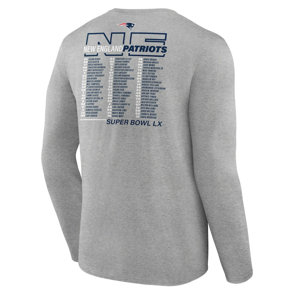 New England Patriots Super Bowl LX Roster Long Sleeve T-Shirt - Heather Gray T-shirts