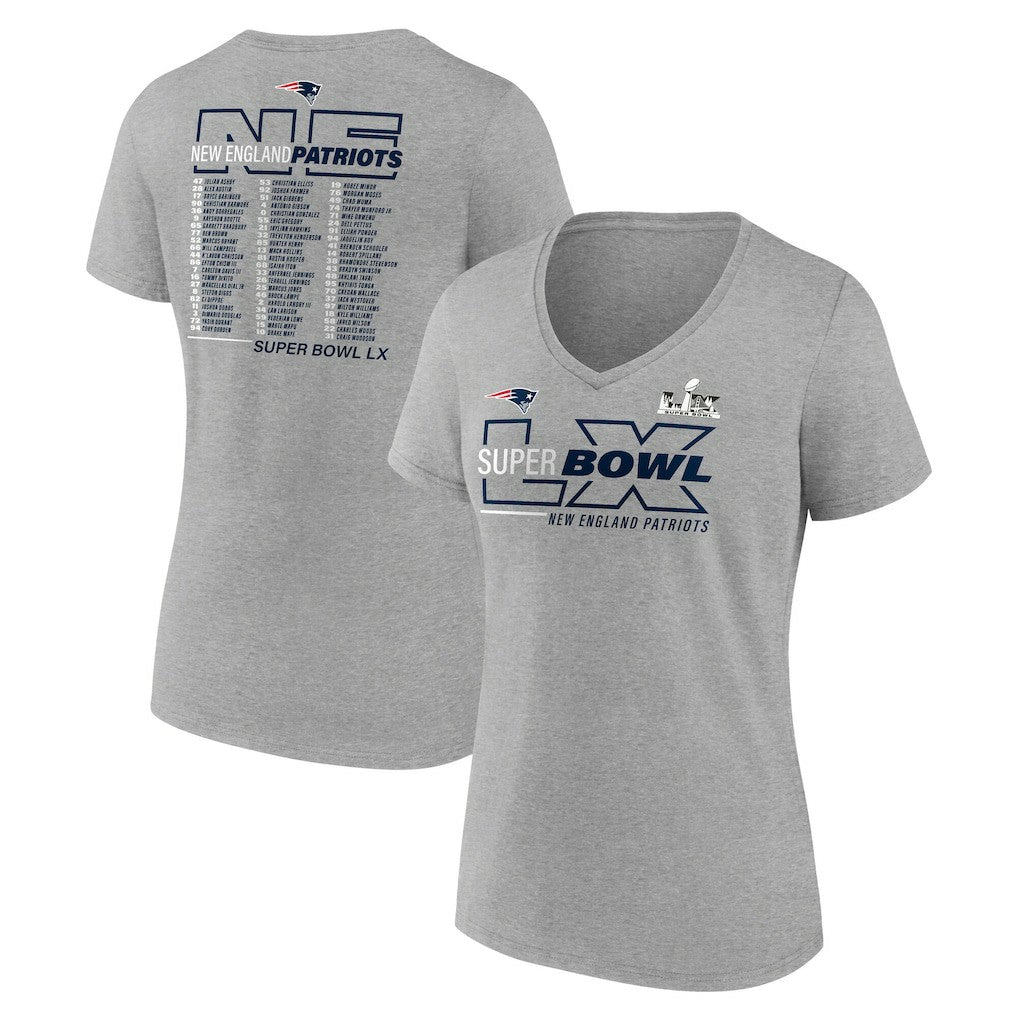 New England Patriots Women's Super Bowl LX Roster V-Neck T-Shirt - Heather Gray T-shirts