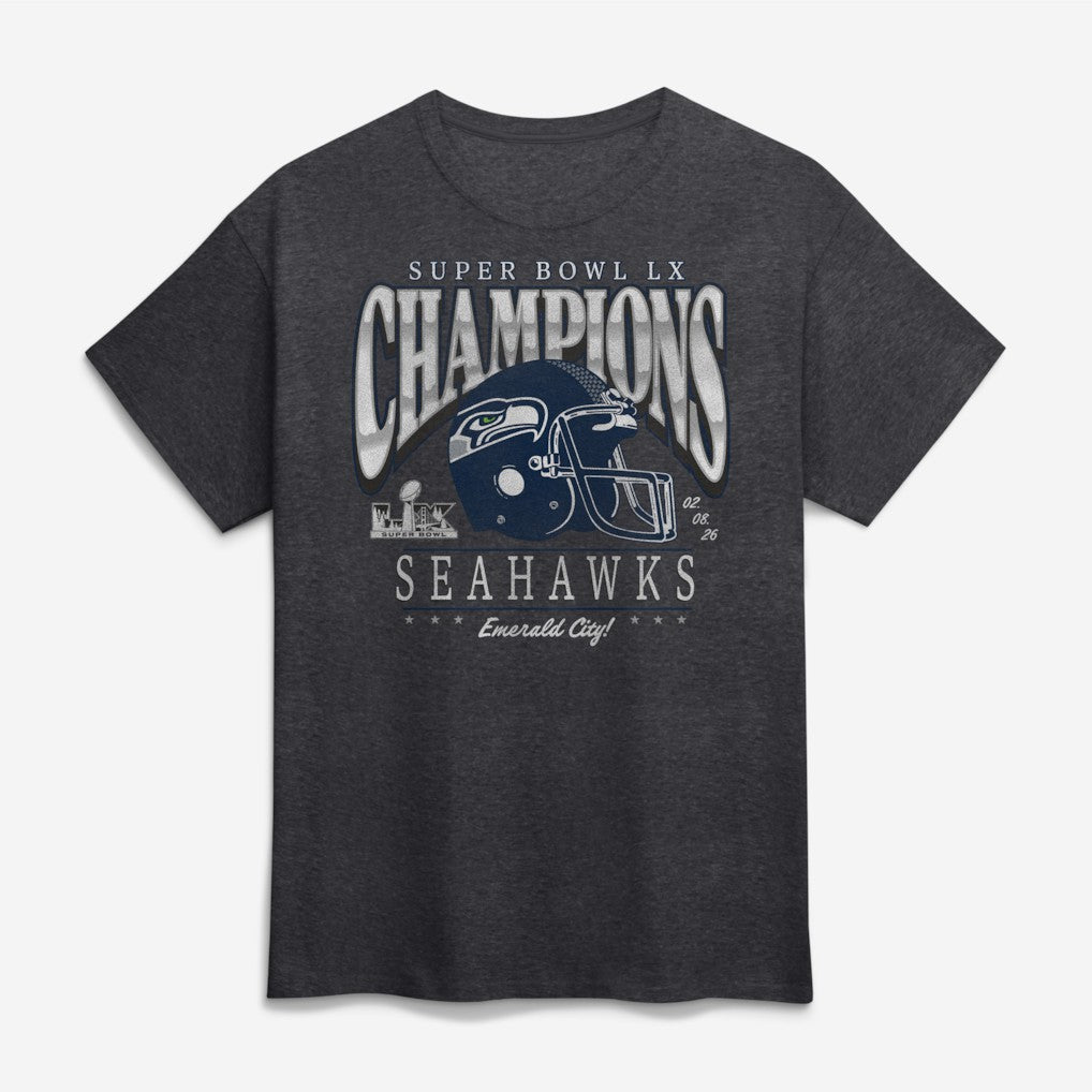 Seattle Seahawks Super Bowl LX Champions Prestigious Run T-Shirt - Heather Charcoal T-shirts