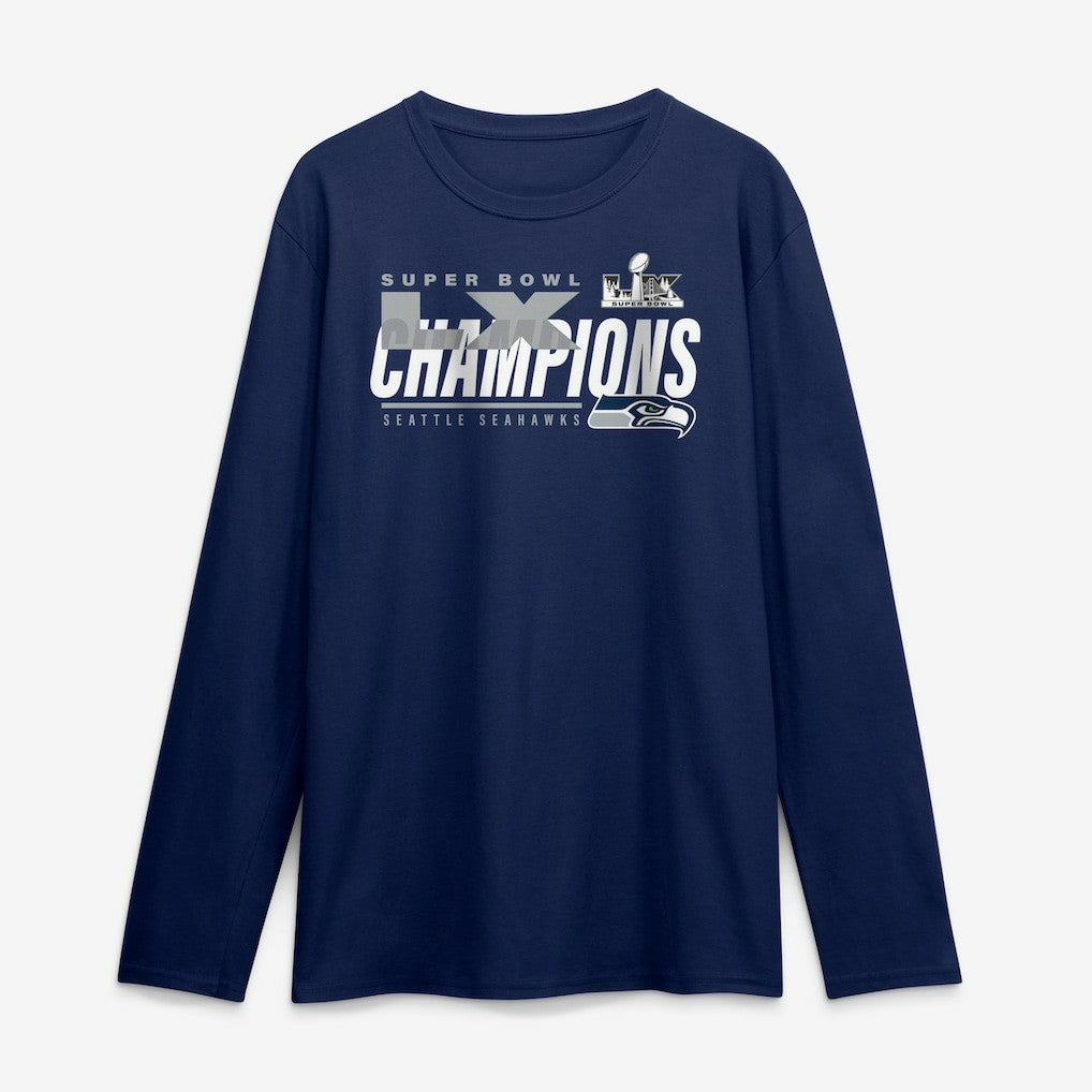 Seattle Seahawks Super Bowl LX Champions Iconic Victory Long Sleeve T-Shirt - College Navy T-shirts