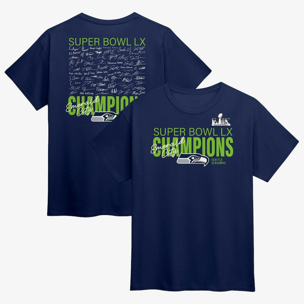 Seattle Seahawks Super Bowl LX Champions Autograph Signing Roster T-Shirt - College Navy T-shirts