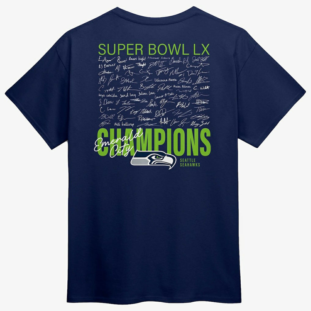 Seattle Seahawks Super Bowl LX Champions Autograph Signing Roster T-Shirt - College Navy T-shirts