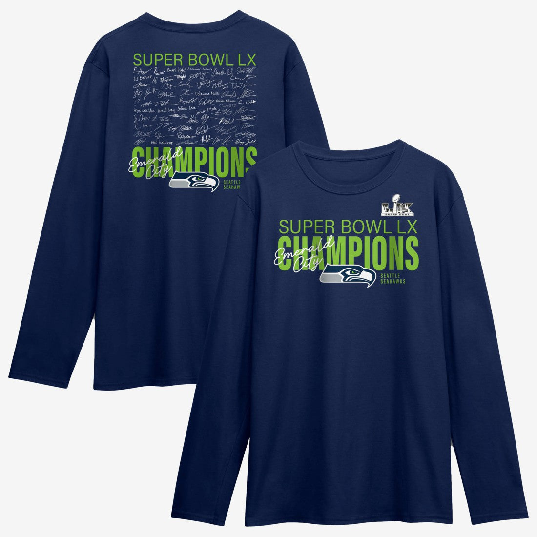 Seattle Seahawks Super Bowl LX Champions Autograph Signing Long Sleeve Roster T-Shirt - College Navy T-shirts