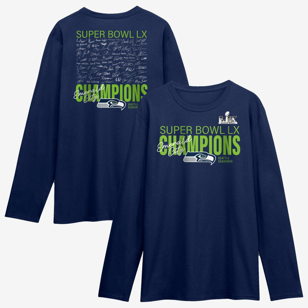 Seattle Seahawks Super Bowl LX Champions Autograph Signing Long Sleeve Roster T-Shirt - College Navy T-shirts