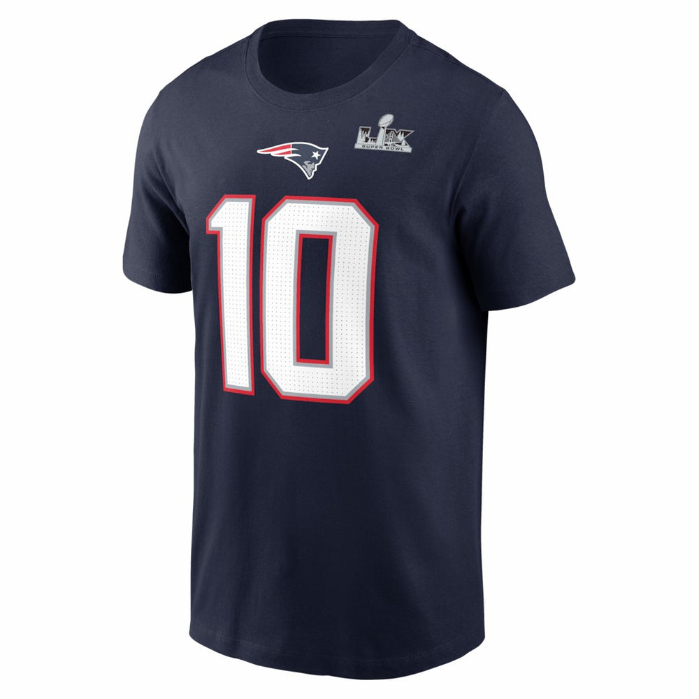 Drake Maye New England Patriots Super Bowl LX Patch Name & Number T-Shirt - Navy T-shirts
