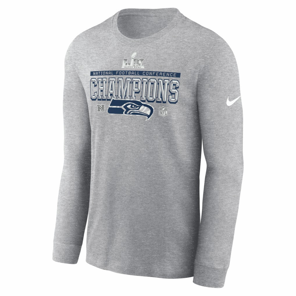 Seattle Seahawks 2025 NFC Champions Locker Room Trophy Collection Long Sleeve T-Shirt - Heather Gray T-shirts
