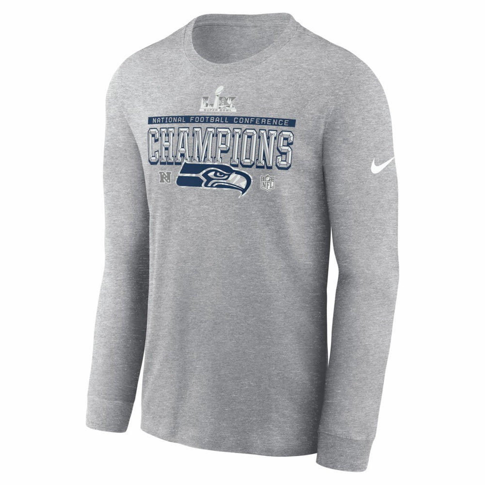 Seattle Seahawks 2025 NFC Champions Locker Room Trophy Collection Long Sleeve T-Shirt - Heather Gray T-shirts