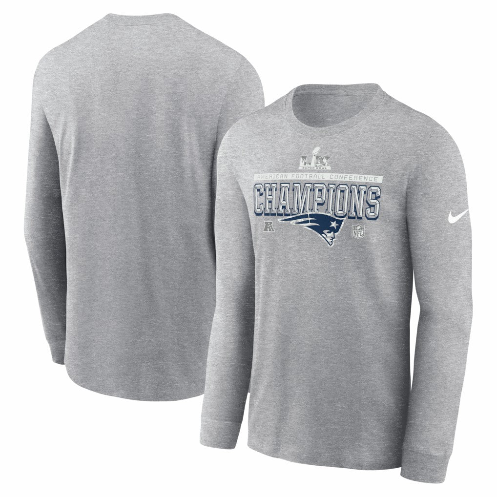 New England Patriots 2025 AFC Champions Locker Room Trophy Collection Long Sleeve T-Shirt - Heather Gray T-shirts