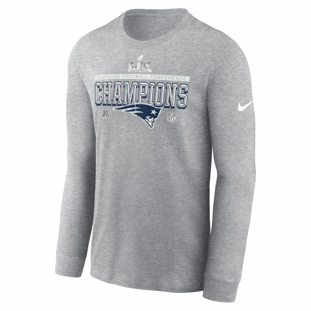 New England Patriots 2025 AFC Champions Locker Room Trophy Collection Long Sleeve T-Shirt - Heather Gray T-shirts