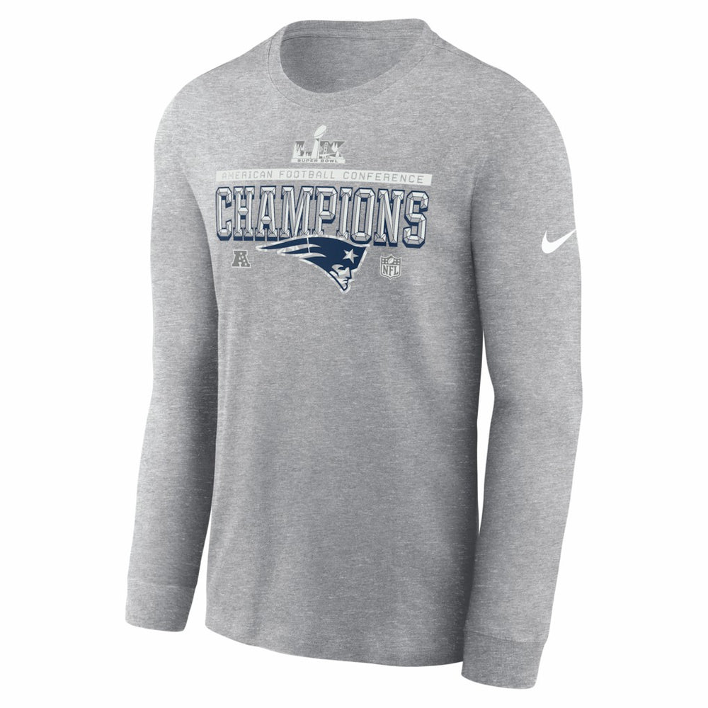 New England Patriots 2025 AFC Champions Locker Room Trophy Collection Long Sleeve T-Shirt - Heather Gray T-shirts