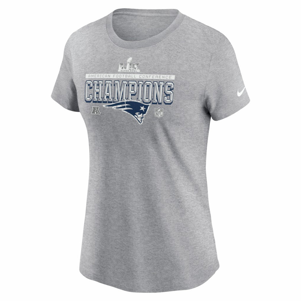 New England Patriots Women's 2025 AFC Champions Locker Room Trophy Collection T-Shirt - Heather Gray T-shirts
