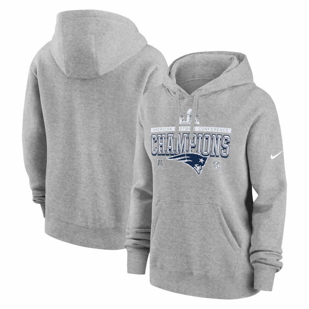 New England Patriots Women's 2025 AFC Champions Locker Room Trophy Collection Club Fleece Hoodie - Heather Gray Hoodies