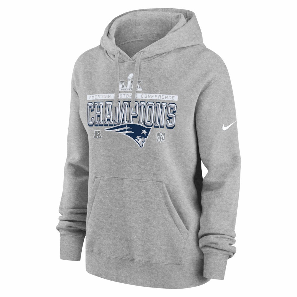 New England Patriots Women's 2025 AFC Champions Locker Room Trophy Collection Club Fleece Hoodie - Heather Gray Hoodies