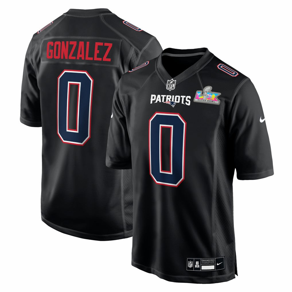 Christian Gonzalez New England Patriots Super Bowl LX Patch Carbon Fashion Game Jersey - Black Jerseys