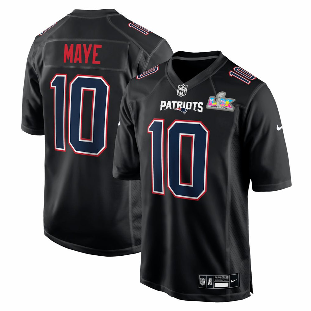 Drake Maye New England Patriots Super Bowl LX Patch Carbon Fashion Game Jersey - Black Jerseys
