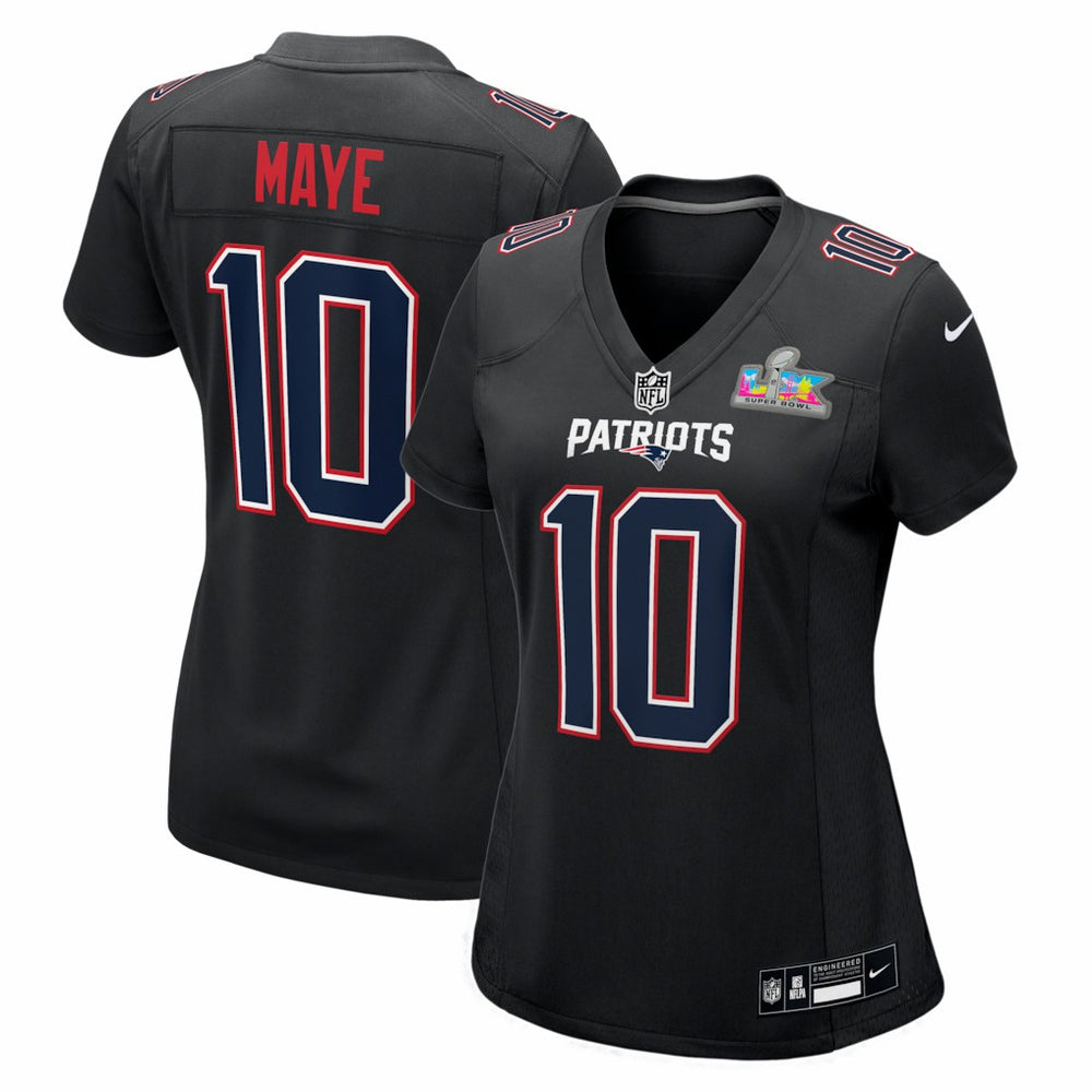Drake Maye New England Patriots Women's Super Bowl LX Patch Carbon Fashion Game Jersey - Black Jerseys