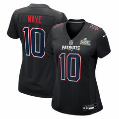 Drake Maye New England Patriots Women's Super Bowl LX Patch Carbon Fashion Game Jersey - Black Jerseys