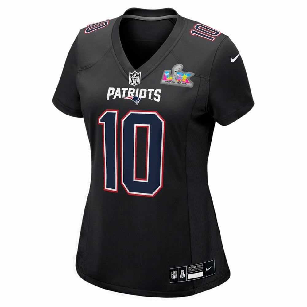 Drake Maye New England Patriots Women's Super Bowl LX Patch Carbon Fashion Game Jersey - Black Jerseys